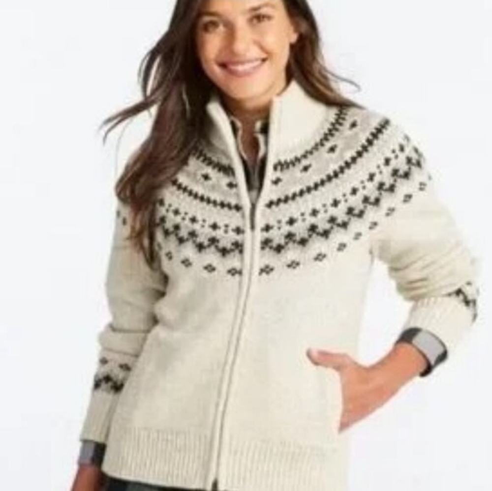 Vintage LL Bean Fair Isle Wool Cardigan Sweater Zip Front Pockets Mefium